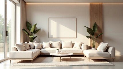 Serene Minimalist Living Room Design with Large Sectional Sofa and Natural Light