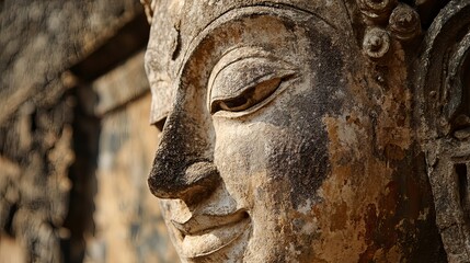 Buddhist sculpture details ancient temple art photography tranquil setting close-up cultural heritage