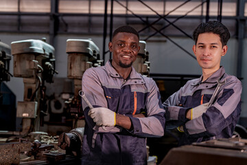Two confident industrial technicians standing in a machine workshop with arms crossed. Teamwork,...