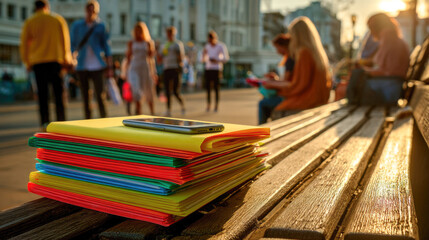Colorful folders and smartphone on bench in busy urban park