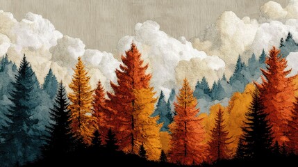 Colorful autumn forest featuring vivid orange and red trees, nestled against a mountain backdrop under a cloud-filled sky creating a serene seasonal setting.