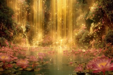 Fototapeta premium A magical golden waterfall cascades into a serene pond surrounded by blooming pink lotuses and lush greenery, glowing with ethereal light.