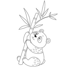 Panda line art, outline drawing and vector art. Cute panda cartoon style. The panda holds a bamboo branch line drawing isolated on white background. Coloring page vector illustration.