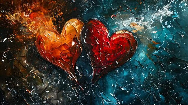 An oil painting of two hearts together