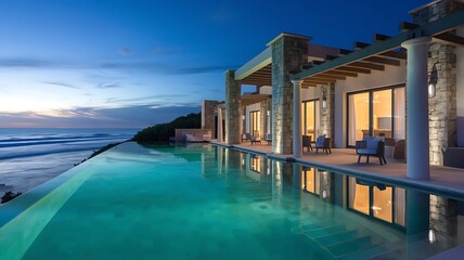 Infinity pool overlooking the ocean at dusk with illuminated villas and outdoor seating area visible