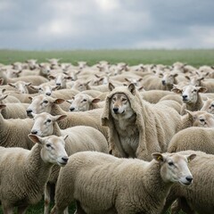 Wolf in sheep's clothing surrounded by sheep with a mysterious mood in a green pasture  