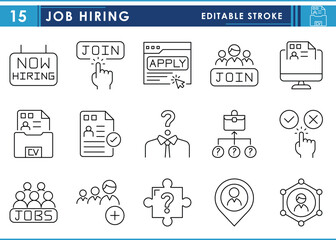A set of line icons related to Job and Hiring. Work, hire, apply, CV, jobs, people, and so on. Vector editable stroke.