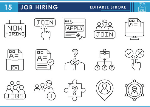 A set of line icons related to Job and Hiring. Work, hire, apply, CV, jobs, people, and so on. Vector editable stroke.