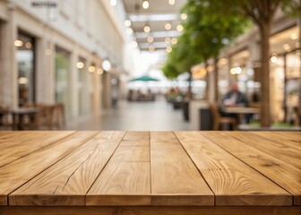Wooden Tabletop with Blurred Shopping Mall Background