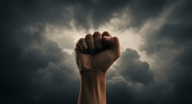 Fist Raised Against Dark Clouds