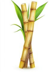 Obraz premium Sugar cane stalks with vibrant green leaves against a clean white background studio shot showcasing freshness and natural sweetness in a bright and simple style