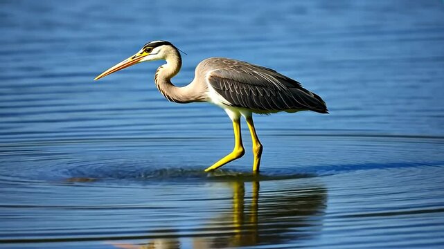 Graceful Great Blue Heron Wading in Calm Waters, Preying for Fish Wildlife in Nature
