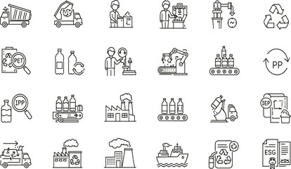 Naklejka premium Plastic recycling line icon set. Vector pictograms of waste, conveyor, sustainability, reuse, energy, thermal, chemical, sorting process, bin, truck, logistics