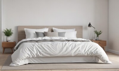 Bright white king-size bed, simple Scandinavian bedroom setting ,  duvet cover,  white room