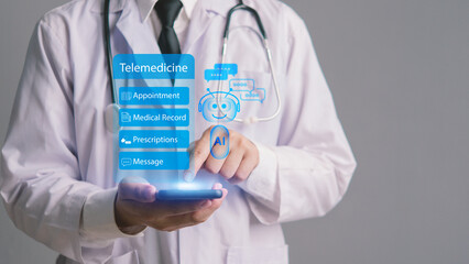 Telemedicine technology with AI chatbot assisting doctor on mobile device for online medical appointments and digital health records.