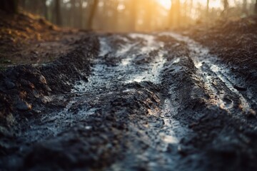 A muddy trail in the forest with tire tracks glistening in the warm glow of sunset.