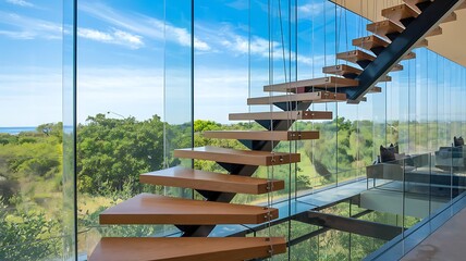 A modern staircase with wooden steps and glass walls overlooking a lush green landscape and blue sky