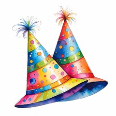 Watercolor colorful party hats designed for celebration and festivities in vibrant patterns and playful decorations