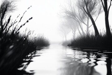 Obraz premium Serene black and white landscape featuring a calm river flanked by misty trees and tall grass.