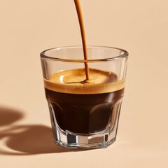 Golden-brown espresso pours smoothly into a clear glass, highlighting texture - brew energy aromatic coffee flavor