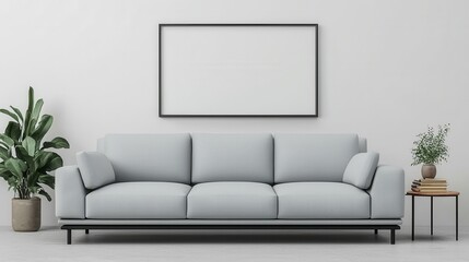 Modern Minimalist Living Room with Light Blue Sofa and Indoor Plants