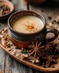 Warm drink in dark pottery mug with spices on wood surface and tray