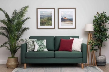 Cozy Living Room with Green Sofa and Nature Artwork on Walls