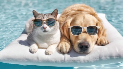 Cat and dog wearing sunglasses, relaxing on a floating mattress in a pool.