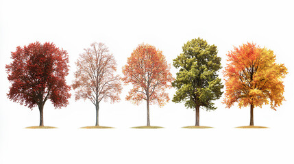 Naklejka premium Set of autumn Quercus palustris (also called pin oak, swamp oak, or Spanish oak) trees isolated on a white background 