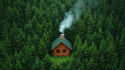 Remote location isolation Concept, Cozy Rustic Cabin Nestled Deep in a Dense Forest with Smoke Gently Rising from the Chimney
