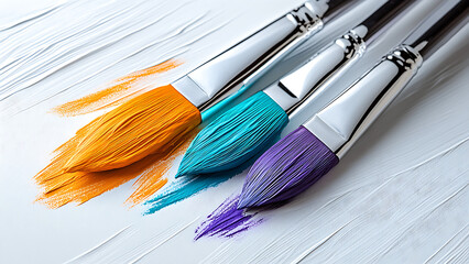 Fototapeta premium Paint brushes with various colors on a textured white surface. This artistic image is used to illustrate creative work in file management software.