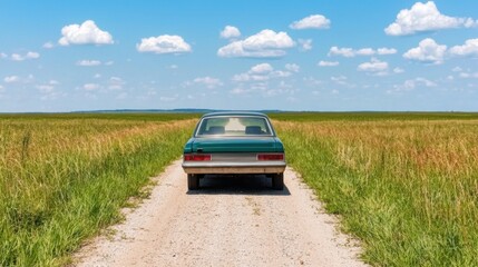 Fototapeta premium Remote location isolation Concept, Abandoned Single Car Sitting on Dirt Road Surrounded by Lush Green Fields Under Blue Sky with Clouds