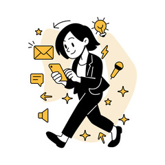 Fototapeta premium Vector illustration of a businesswoman walking while using a mobile phone for business chat, symbolizing fast digital communication, messaging, and remote work in a modern setting