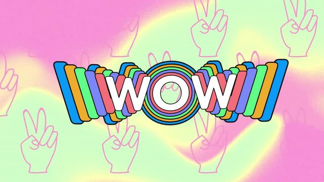 Wow text rotating in vibrant pop-art flat design, with rainbow rings, stacked bars and peace signs
