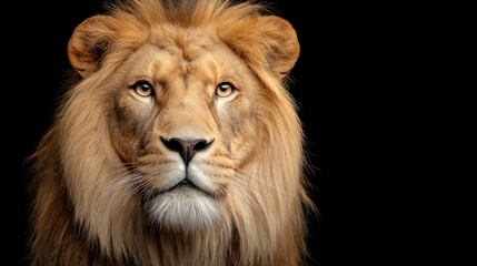 Fototapeta premium Close-up portrait of a lion against a black background, showing its face and mane