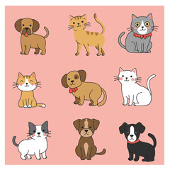 Fototapeta premium Cute pets collection. Vector flat cats and dogs set. Cartoon pets bundle