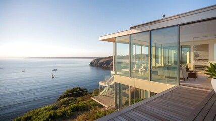 Modern house with glass walls overlooking the ocean and boats under a clear blue sky at daytime