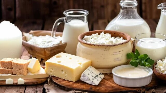 The wooden table displays various dairy products: milk, cheese and butter.