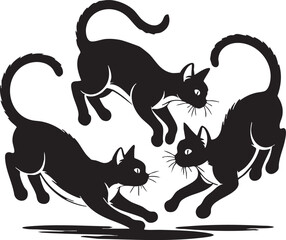 Illustration of three silhouetted black cats dynamically interacting in playful activities, emphasizing movement and lively expressions. Perfect for themes involving liveliness, mystique, or artistic 