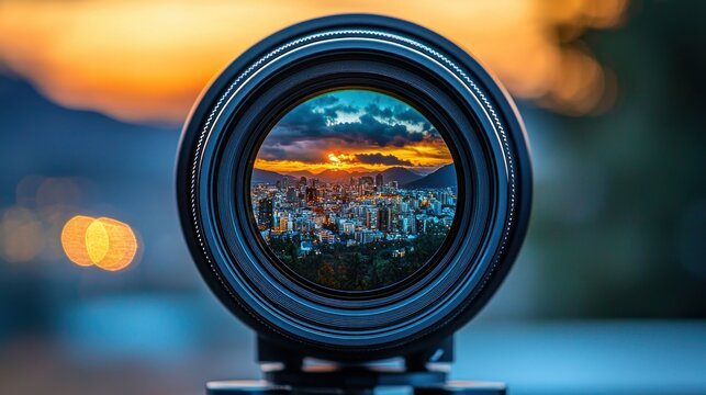 Cityscape seen through a lens at sunset