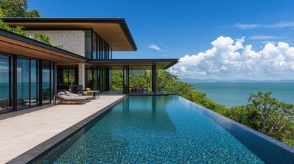 Fototapeta premium Luxury Modern Villa with Infinity Pool Overlooking Scenic Ocean View