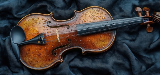 Fototapeta premium Dew-Kissed Violin: A Symphony of Water and Wood