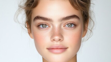 Naklejka premium Close-up portrait of a beautiful young woman with freckles and green eyes looking directly at the camera against a neutral background.