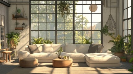 Serene Modern Living Room with Sunlight Streaming Through Large Windows