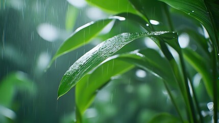 Close-up view of rain-drenched tropical leaves