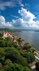 Coastal cityscape with hills and water