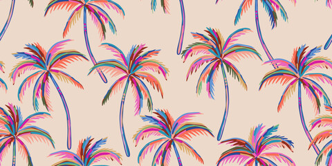Tropical pattern with freehand drawn palm trees. Hawaiian summer background. Coconut tree print for fabric, textiles, packaging, cover, poster, banner, wallpaper, interior. Vector illustration. © Udomdech