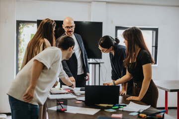 A diverse group of students engages collaboratively with a professor in a classroom, discussing a project.