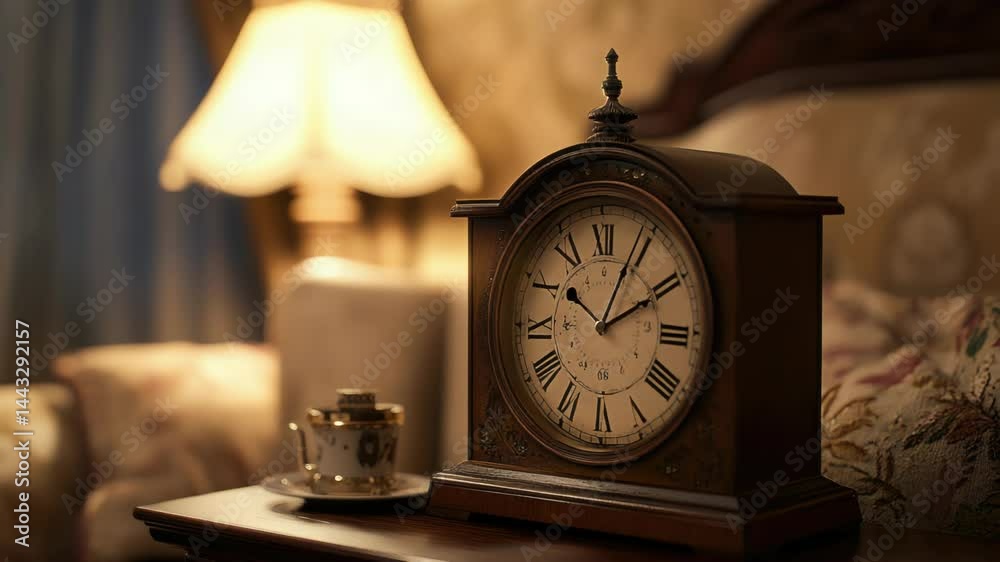 Aufkleber a clock sits atop a table beside a lamp, simple scene for everyday use
