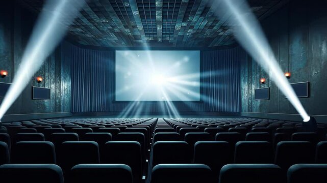 Cinema theater with movie scene on wide screen and empty chairs in the cinema hal
